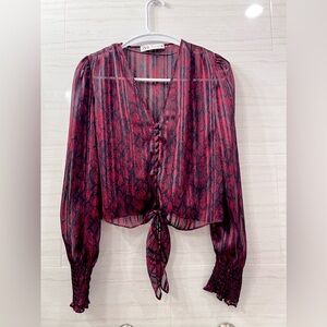 🐍Zara Animal print women blouse chiffon blouses vintage Bow Tie V neck